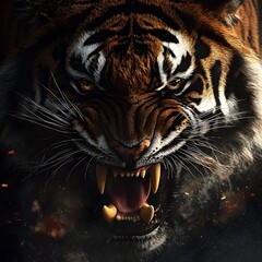 Wall Mural - Fierce Tiger Baring Teeth and Muscles Tensed for Pounce Radiating Primal Predatory Energy