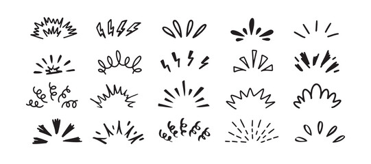 Pop shine line Doodle set. Sunburst drawing hand drawn elements
