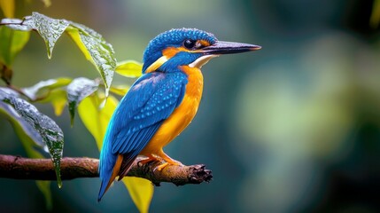 Wall Mural - A vibrant blue and orange kingfisher perched on a branch in a lush green forest setting.