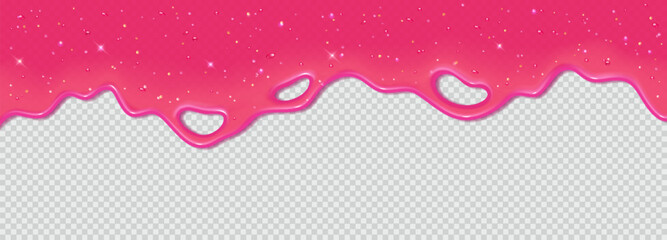 Wall Mural - Realistic 3D dripping glossy pink slime with glitter isolated on transparent background. Border of flowing sticky sweet jelly. Vector template of chewing gum, cream or caramel icing for cake or donut