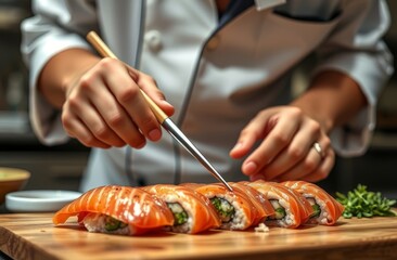 A close-up of a professional chef preparing sushi, with focus on precision, fresh ingredients, and the art of Japanese cuisine.