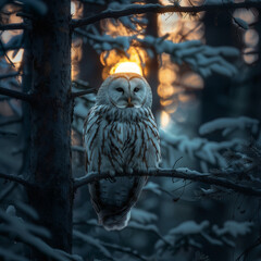 a large owl is perched on a tree branch