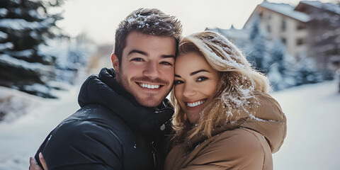 Wall Mural - A couple is smiling and posing for a picture in the snow. The man is wearing a black jacket and the woman is wearing a brown coat. The scene is set in a snowy environment, with trees in the background