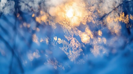 Leinwandbilder - Warm sunlight illuminates delicate snow textures, creating a tranquil atmosphere in a winter landscape at dawn. Generative AI