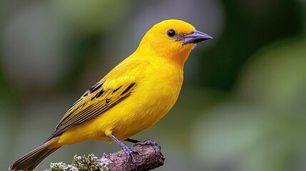 Wall Mural - A vibrant yellow bird with a black beak perched on a branch.