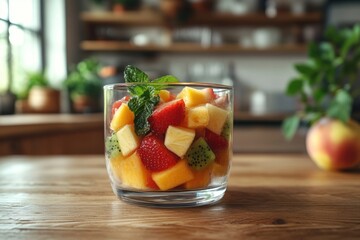 Wall Mural - food styling, various fruits mixed in a glass bowl on a wooden table in a cozy kitchen setting, perfect for adding text