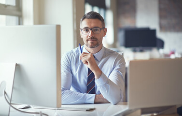 Aufkleber - Portrait, pen and business man by computer for advisory service, finance and experience in office. Face, serious and expert manager, professional or tax consultant with glasses at enterprise in USA