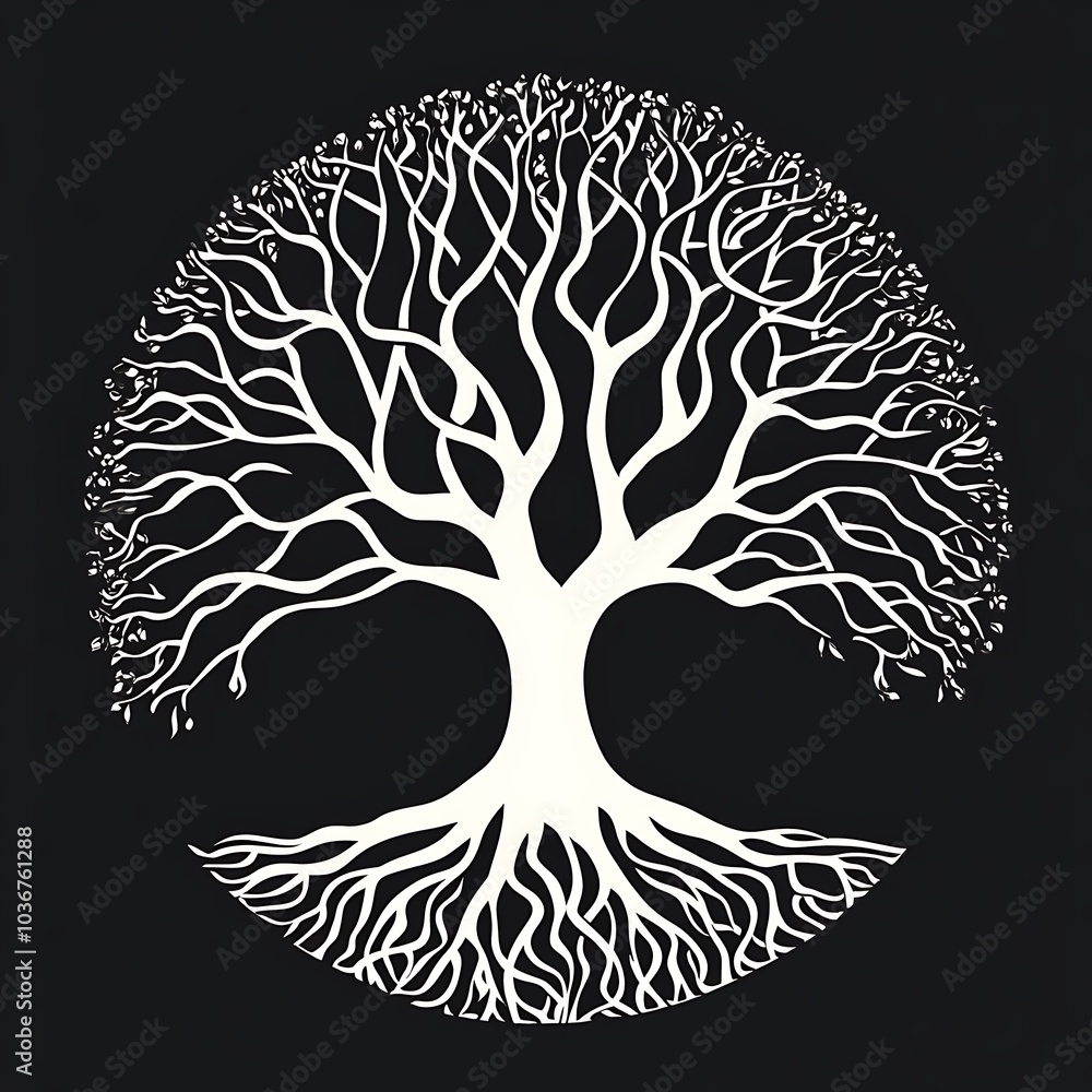 White stylized tree of life illustration with roots and branches on ...