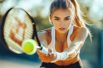 Young female tennis player preparing to hit ball on court