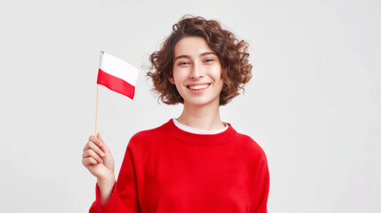 a curly-haired woman in a bright red sweater holds the white and red flag of poland in her hands and
