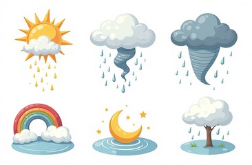 cloud rain weather cartoon cute set. cloud, sun, moon weather character with smile and angry face. h