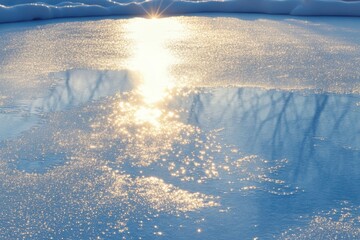 Aufkleber - Sunlight sparkles on a frozen lake's surface, revealing intricate snow textures and reflecting a serene winter morning. Generative AI