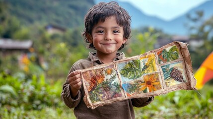 A young boy smiles while holding a colorful hand-painted paper in a rural setting.