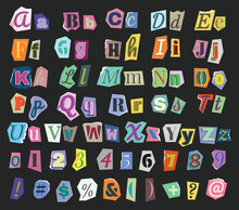 Ransom scrapbook font. Newspaper cutout alphabet for blackmail style collage with numbers, uppercase and lowercase letters. Torn paper pieces typography vector set.