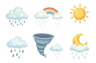 cloud rain weather cartoon cute set. cloud, sun, moon weather character with smile and angry face. h