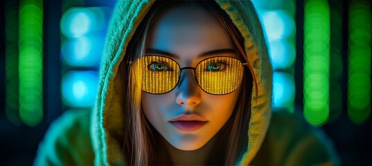 Wall Mural - close-up portrait, young woman in green hoodie with yellow binary code glasses, futuristic style