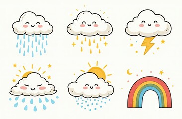 cloud rain weather cartoon cute set. cloud, sun, moon weather character with smile and angry face. h