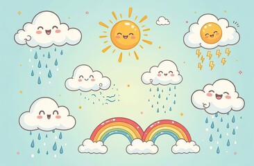 cloud rain weather cartoon cute set. cloud, sun, moon weather character with smile and angry face. h