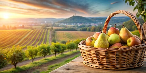 Wall Mural - Aerial view of a basket filled with pears in front of a farm landscape
