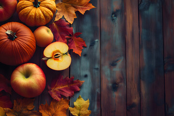 Wall Mural - Thanksgiving background: Apples, pumpkins and fallen leaves on wooden background. Copy space for text. Halloween, Thanksgiving day or seasonal background. Design mock up.