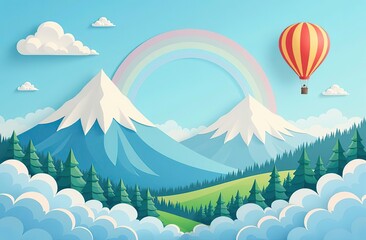 Wall Mural - beautiful fluffy clouds on blue sky background, snowy mountains, sun, hot air balloon and rainbow. v