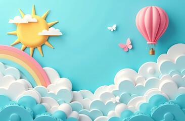 Wall Mural - beautiful fluffy clouds on blue sky background with summer sun, butterfly, hot air balloons and rain