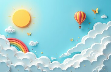 Wall Mural - beautiful fluffy clouds on blue sky background with summer sun, butterfly, hot air balloons and rain