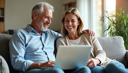 happy middle aged couple using laptop computer relaxing on couch at home. smiling mature man and wom