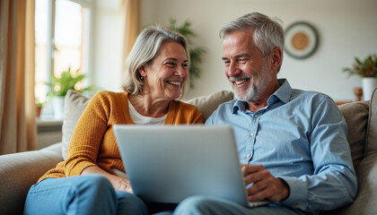 happy middle aged couple using laptop computer relaxing on couch at home. smiling mature man and wom
