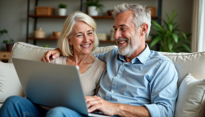 happy middle aged couple using laptop computer relaxing on couch at home. smiling mature man and wom