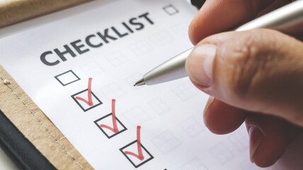 Hand completing checklist with pen, white isolate background.