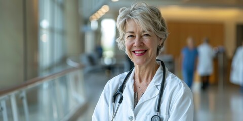 Wall Mural - Woman and doctor smiling together in a healthcare setting, showcasing teamwork in surgery or consultation. Portrait of a happy medical team in a busy clinic