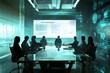© irawan - Silhouetted Businesspeople in a Modern Office Meeting Room with a Large Screen Displaying Financial Data