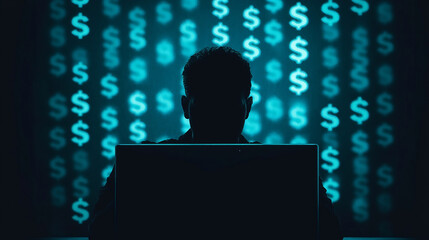 A man is sitting in front of a computer screen with a large number of dollar sig
