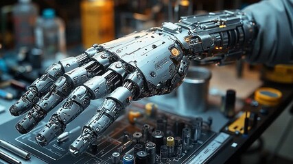 Poster - This intricately designed robotic hand rests on a cluttered workbench surrounded by tools. Prosthesis