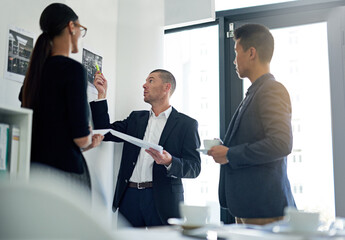 Poster - Research, collaboration and business people in meeting with discussion, office report and strategy. Problem solving, diversity and project manager plans or discussion, growth and communication