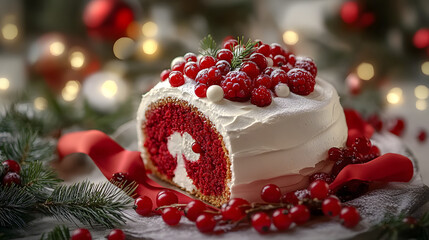 Sticker - A white cake with red frosting and berries on top. The cake is decorated with a red ribbon and is surrounded by pine needles and berries