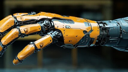 Poster - This detailed view of a robotic hand highlights its complex mechanics and bright orange color. Prosthesis