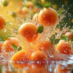 Wall Mural - Vibrant oranges splashing in water, surrounded by waves and droplets, creating a refreshing and joyful atmosphere with bright green leaves accentuating the scene.