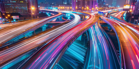 Urban expressway interchange at night with colorful light trails from traffic