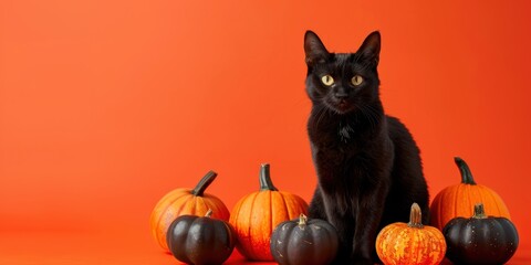 Spooky black cat and pumpkins for Halloween set against an orange background