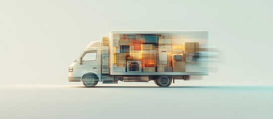 3D illustration of a delivery truck speeding motion blur, loaded with electronics and kitchen appliances