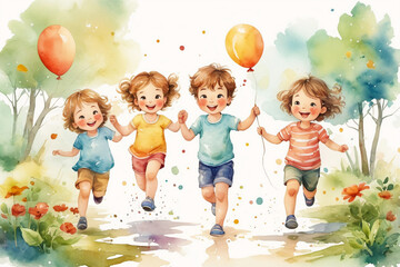 happy careless children playing outdoor