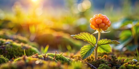 Fresh cloudberry growing on swamp in summer