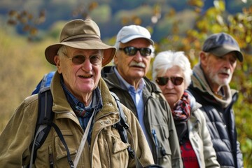 Group of senior people hiking in vineyard in autumn, France.