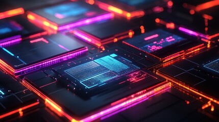 Abstract futuristic technology background with glowing neon lights and digital screens.