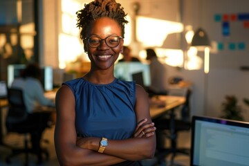 Confident young businesswoman with arms crossed in an office, smiling and exuding happiness and self-assurance