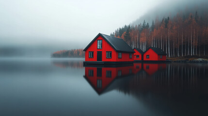 Swedish red cottages by a lake with birch trees in the background