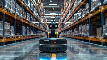 A warehouse robot navigating between shelves of packed goods in an industrial setting.