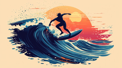 Surfer riding big wave at sunset extreme water sport illustration